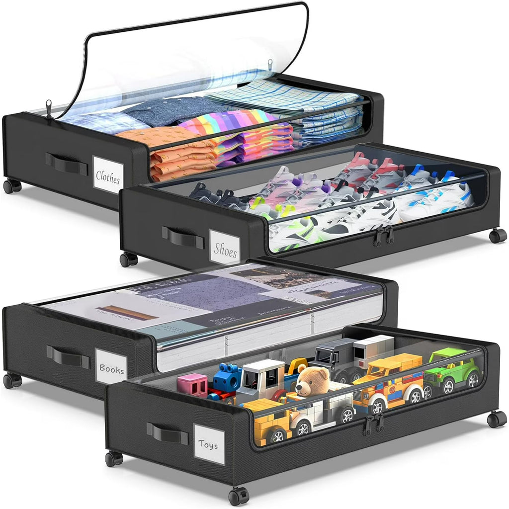 Under Bed Storage with Wheels, 2-Pack Under Bed Storage Containers with Clear Lids, XXL 60L Under the bed storage Organizer Bins, Rolling Under Bed Metal Drawer for Clothes,Shoes,Toys (Black)