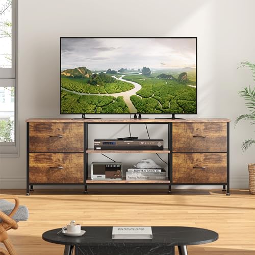 TV Stand with 4 Fabric Drawers for 50 Inch TV, Power Outlet, Black Wood Veins k7