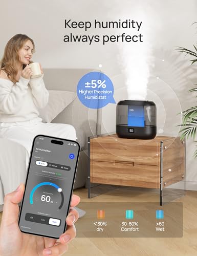 Smart Humidifier for Bedroom, Top Fill 4L Cool Mist, Nightlight, Quiet Ultrasonic k7p