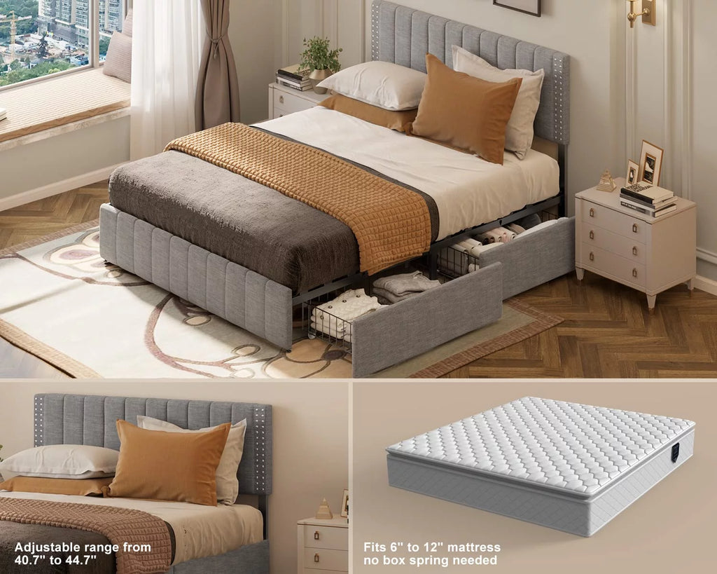 Bed Frame with Storage Drawers and Adjustable Headboard Grey k7m