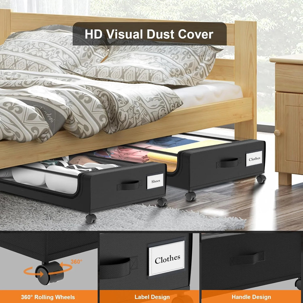 Under Bed Storage with Wheels 2 Pack, Large Rolling Containers with Lid, Black a7