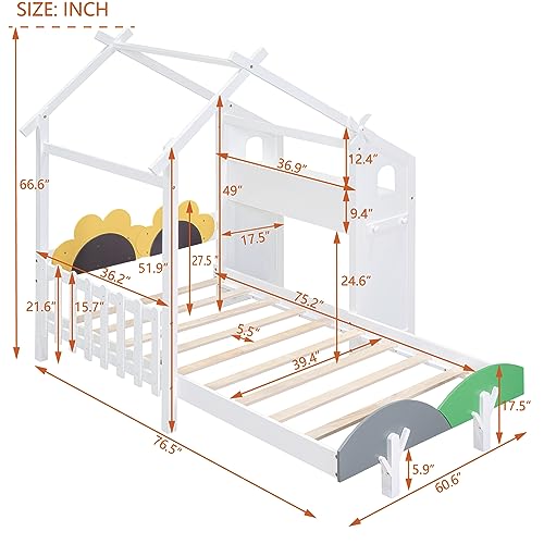 House-Shaped Twin Platform Bed with Windmill Decor Solid Wood Kids Bed with Desk a7