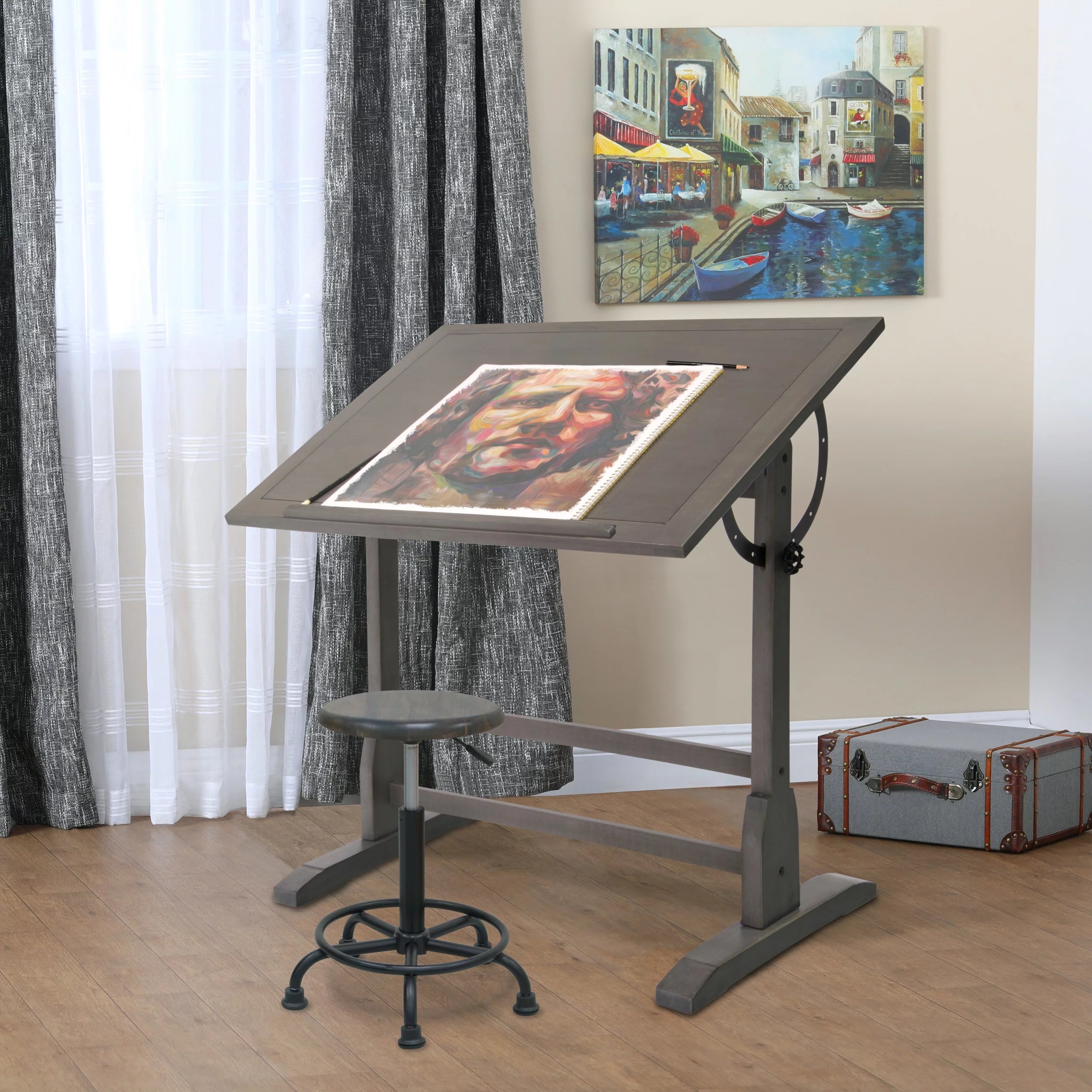 Vintage Solid Wood Drawing/Drafting Table with 36" x 24" Angle Adjustable Top