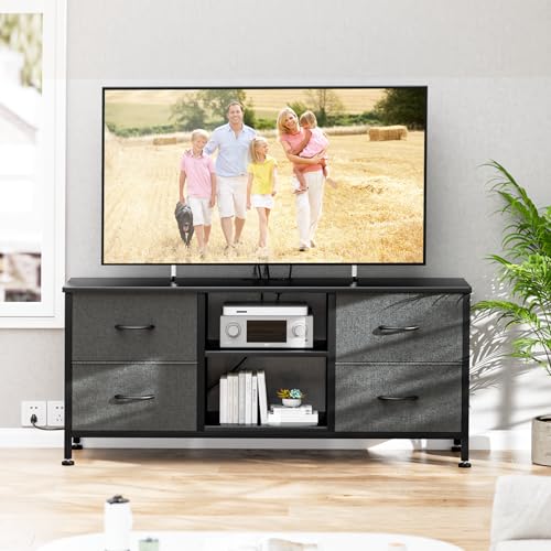 TV Stand with 4 Fabric Drawers for 50 Inch TV, Power Outlet, Black Wood Veins k7