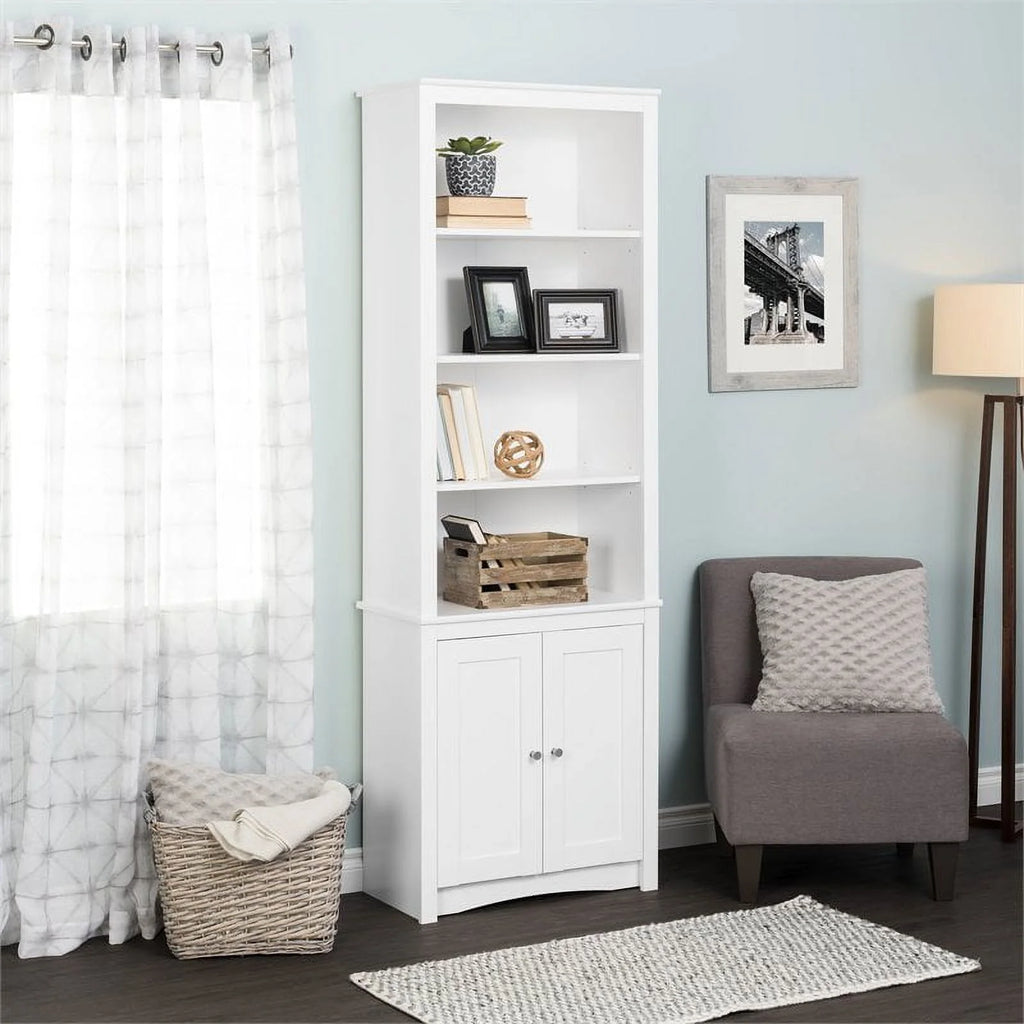 White 6-Shelf Bookcase with 2 Shaker Doors k7p
