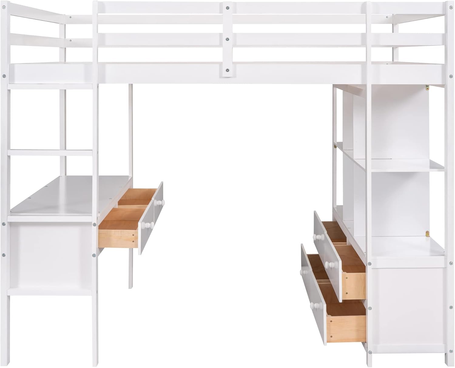 Full Size Loft Bed with Built-in Desk and Storage Shelves White k7