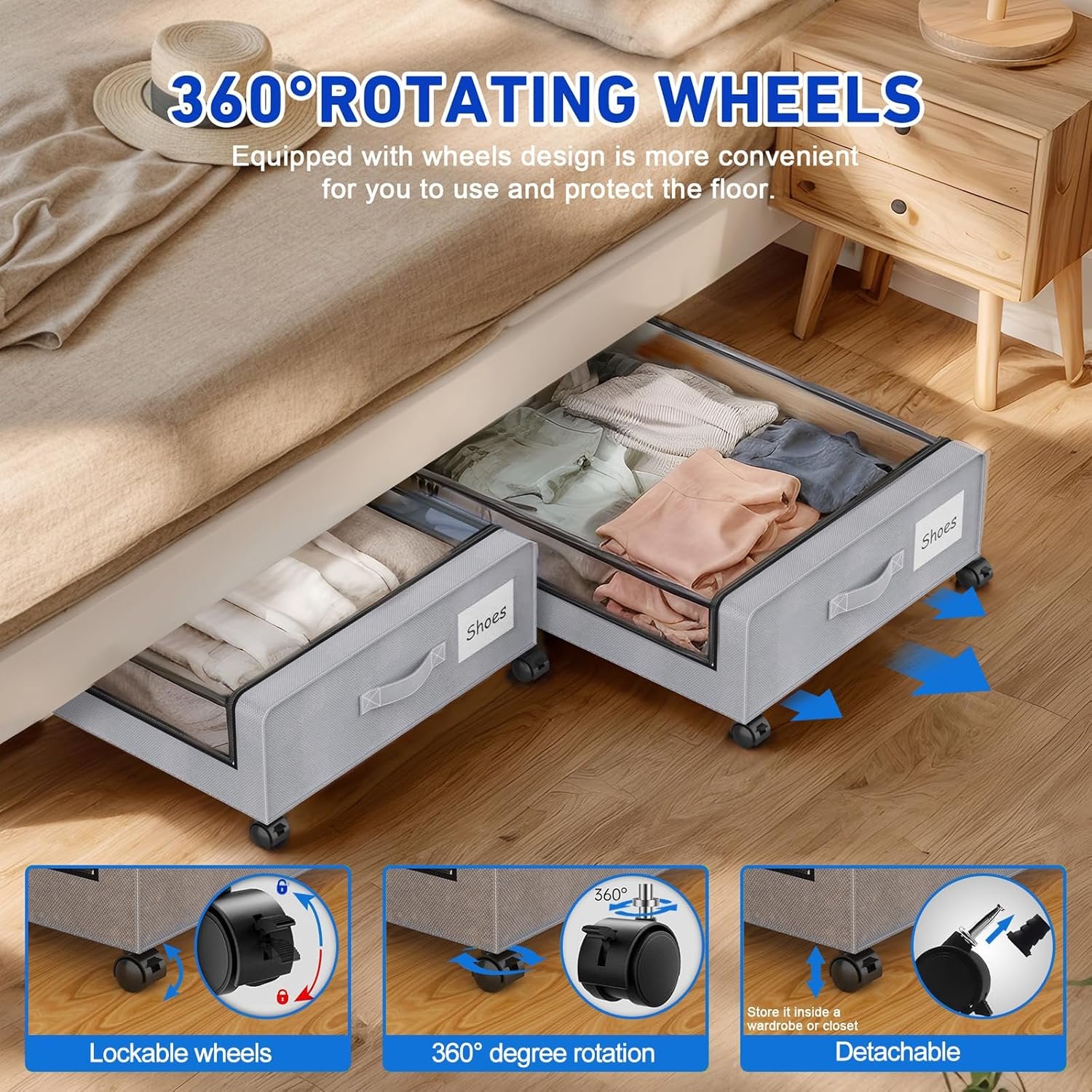 Under Bed Storage Containers with Wheels and Clear Lids, 4-Pack Gray k7