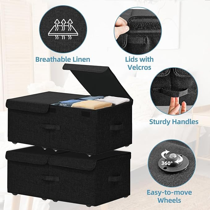 Under Bed Storage Container with Wheels 2 Pack Rolling Bins with Lids Black k7
