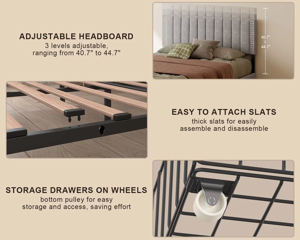 Bed Frame with Storage Drawers and Adjustable Headboard Grey k7m
