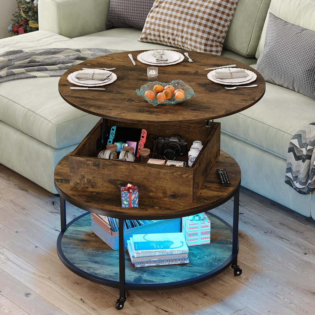 Rustic Brown Round Lift Top Coffee Table with Storage and Wheels a7