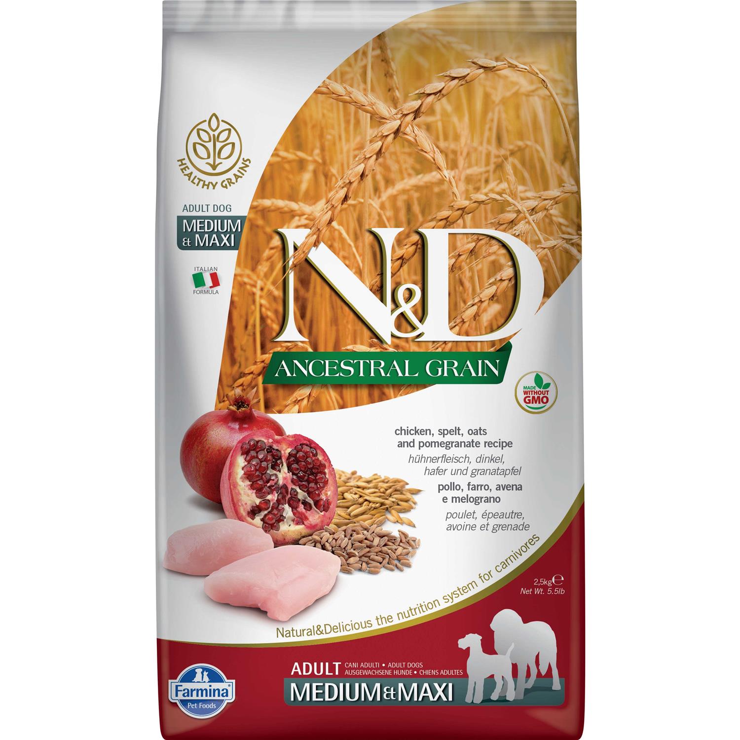 Farmina N&amp;D Ancestral Grain Chicken &amp; Pomegranate Medium &amp; Maxi Adult Dry Dog Food, 26.5-lb bag - Pet Supplies online store
