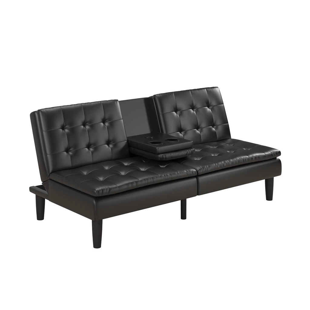 Memory Foam Futon with Cupholder and USB Black Faux Leather k7