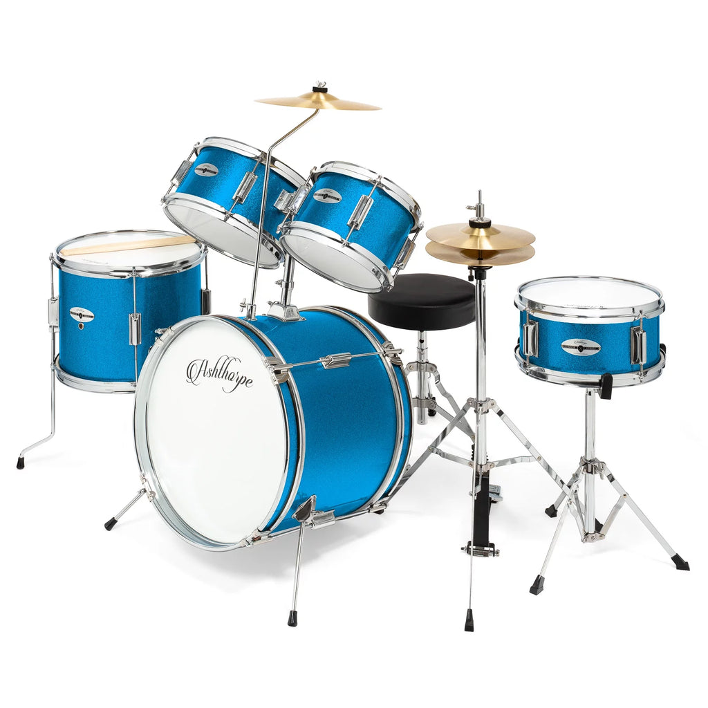 Ashthorpe 5-Piece Complete Junior Drum Set with Genuine Brass Cymbals Advanced Beginner Kit, 16" Bass, Adjustable Throne, Hi-Hats, Pedals and Drumsticks, Blue