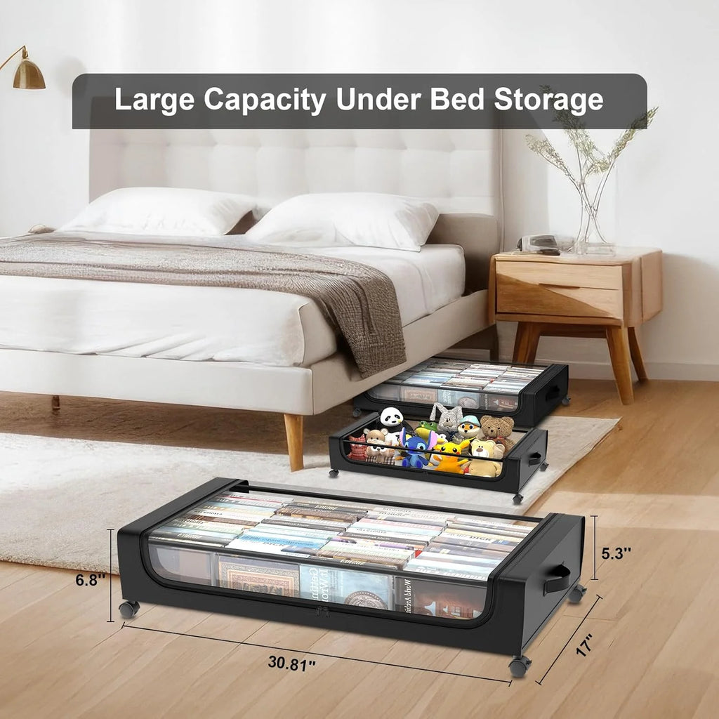 Under Bed Storage with Wheels 2 Pack, Large Rolling Containers with Lid, Black a7