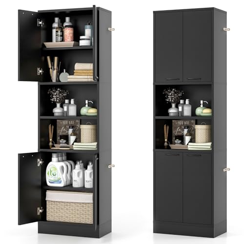 Tangkula 75" Tall Bathroom Storage Cabinet, Bathroom Floor Cabinet with 4 Doors & 2 Open Shelves, 4 Anti-toppling Devices, Freestanding Large Cabinet for Bathroom Living Room Kitchen (White, 75" H)