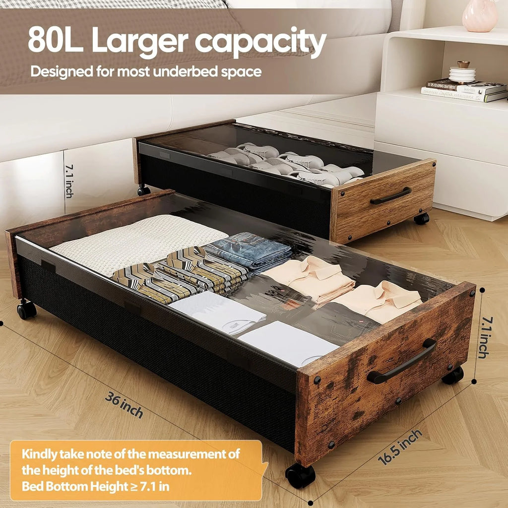 Wooden Under Bed Storage with Wheels, 80L Rolling Bins 2 Pack with Lid a7