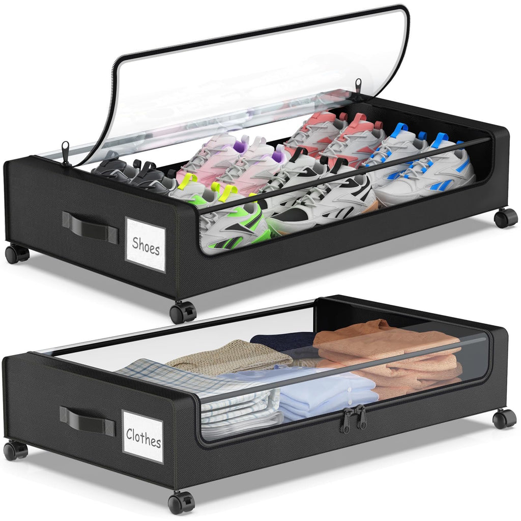 Underbed storage with wheels, 2 pack rolling storage containers, clear lid shoe organizer for seasonal clothes blankets holiday decorations, compact design, black