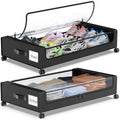 Underbed storage with wheels, 2 pack rolling storage containers, clear lid shoe organizer for seasonal clothes blankets holiday decorations, compact design, black