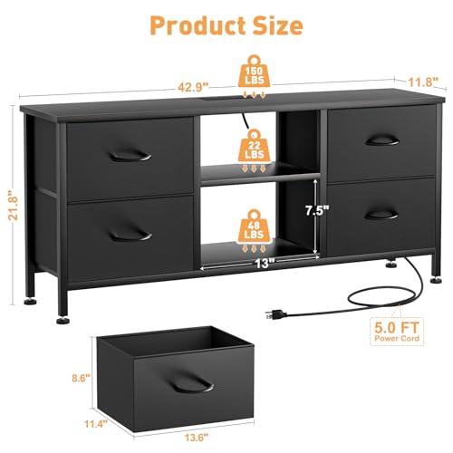 TV Stand with 4 Fabric Drawers for 50 Inch TV, Power Outlet, Black Wood Veins k7