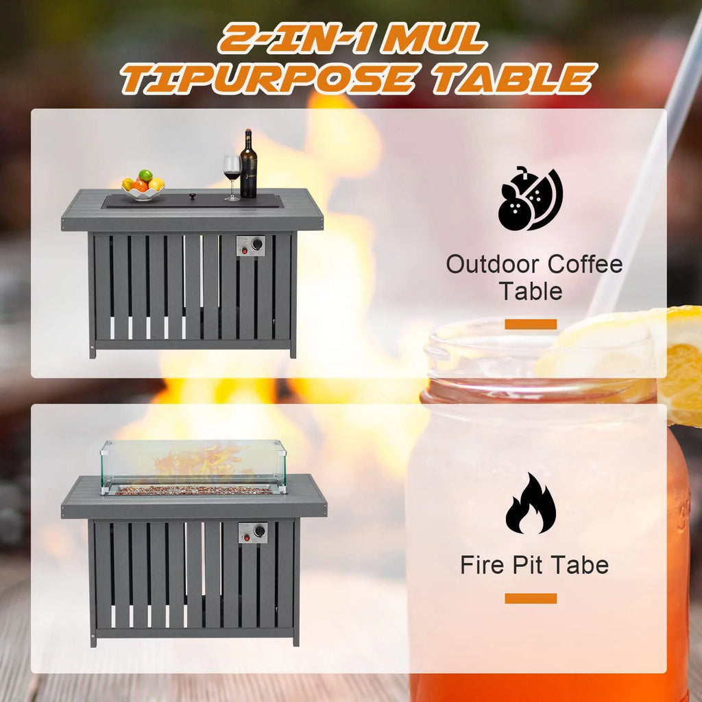 Propane Fire Pit Table with Lid and Fire Glass, 43 Inch, Gray k7p