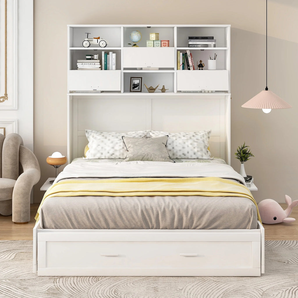 Queen Murphy Bed with Bookcase and Drawer White k7m