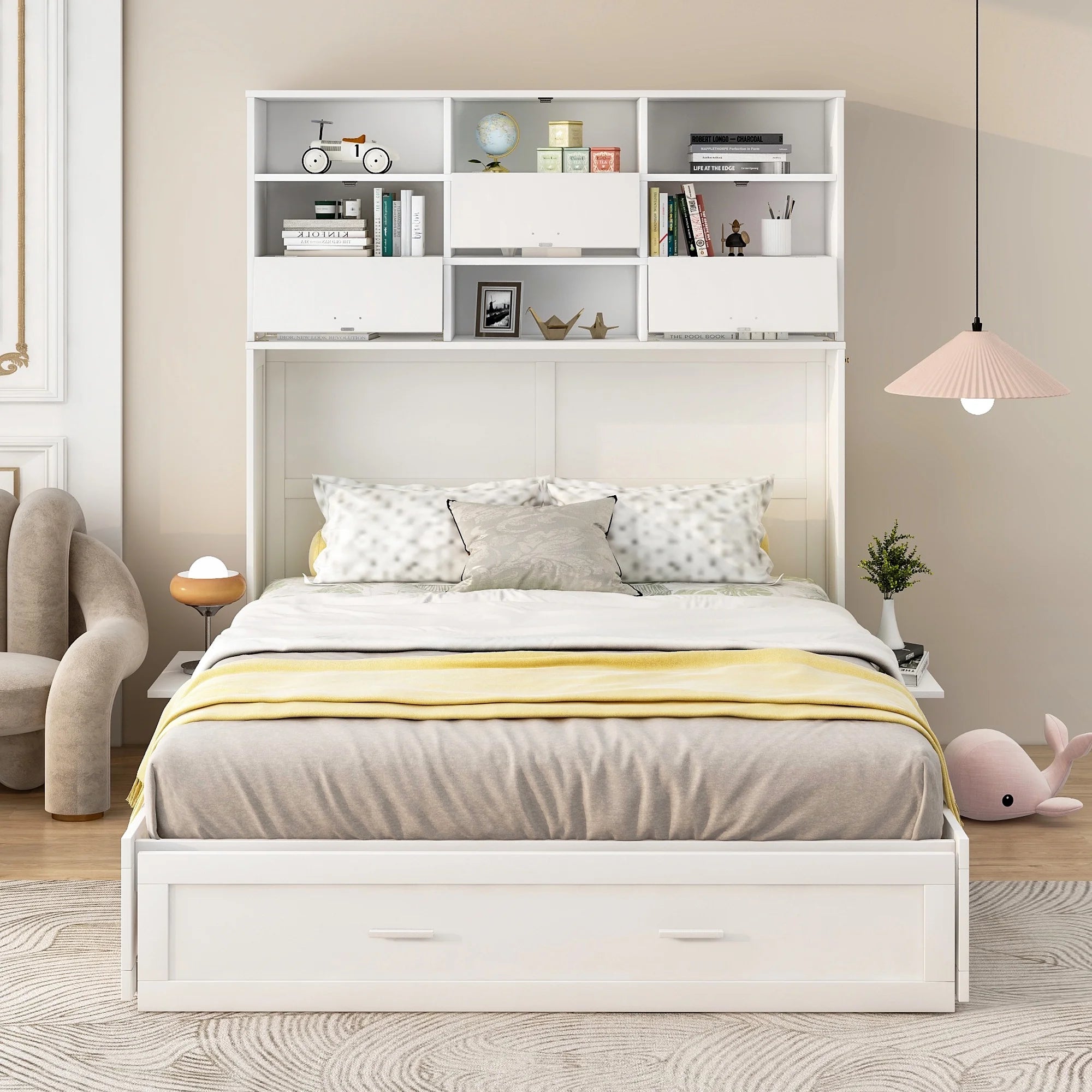 Queen Murphy Bed with Bookcase and Drawer White k7m