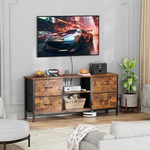 TV Stand with 4 Fabric Drawers for 50 Inch TV, Power Outlet, Black Wood Veins k7