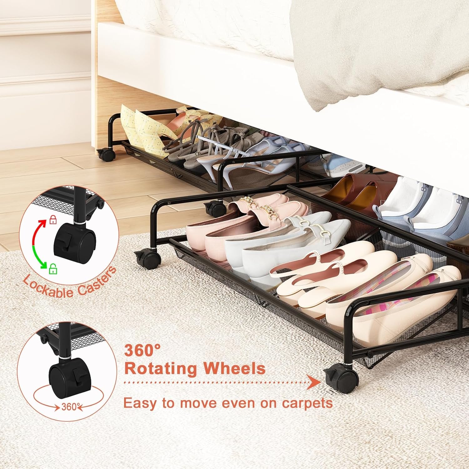 Under Bed Shoe Storage Organizer 2 Pack Metal Mesh with Wheels a7