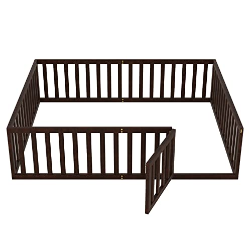 Twin Floor Bed Frame with Safety Fence Solid Wood for Kids Natural k7