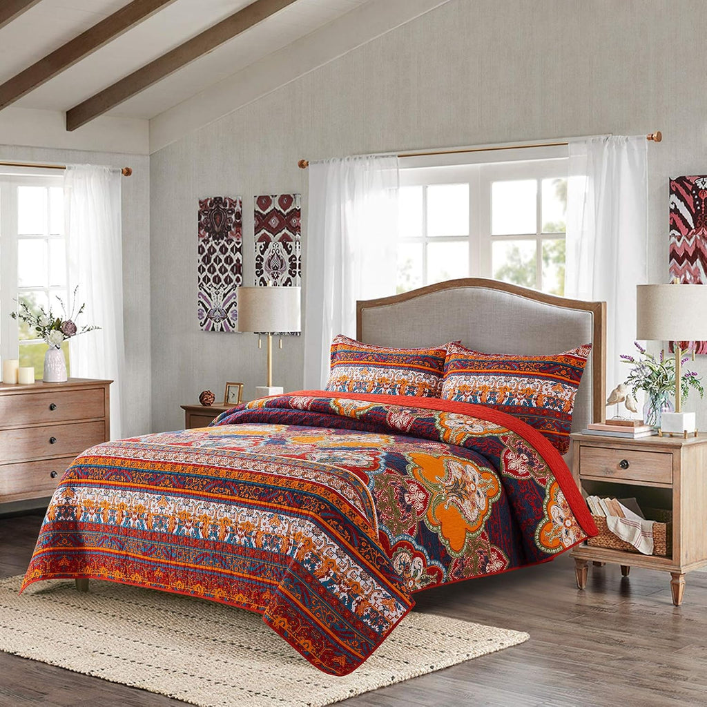 Cotton Bedspread Quilt Set Reversible Patchwork Coverlet Boho Floral q7