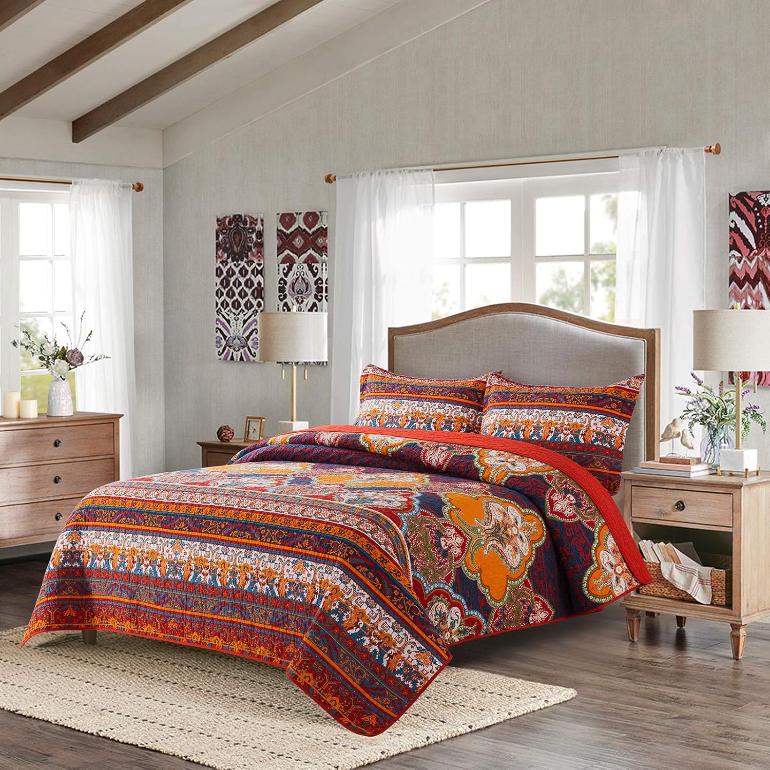 Cotton Bedspread Quilt Set Reversible Patchwork Coverlet Boho Floral q7