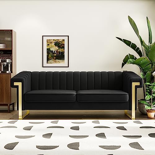 83" Modern Luxury Velvet Couch Comfortable 3 Seater Tufted Sofa Comfortable 3 Person Fashion Couches Solid Wood Frame Metal Legs for Living Room Office Playroom Furniture (P82-Black)