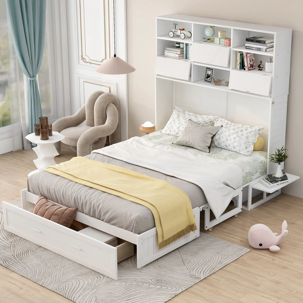 Queen Murphy Bed with Bookcase and Drawer White k7m