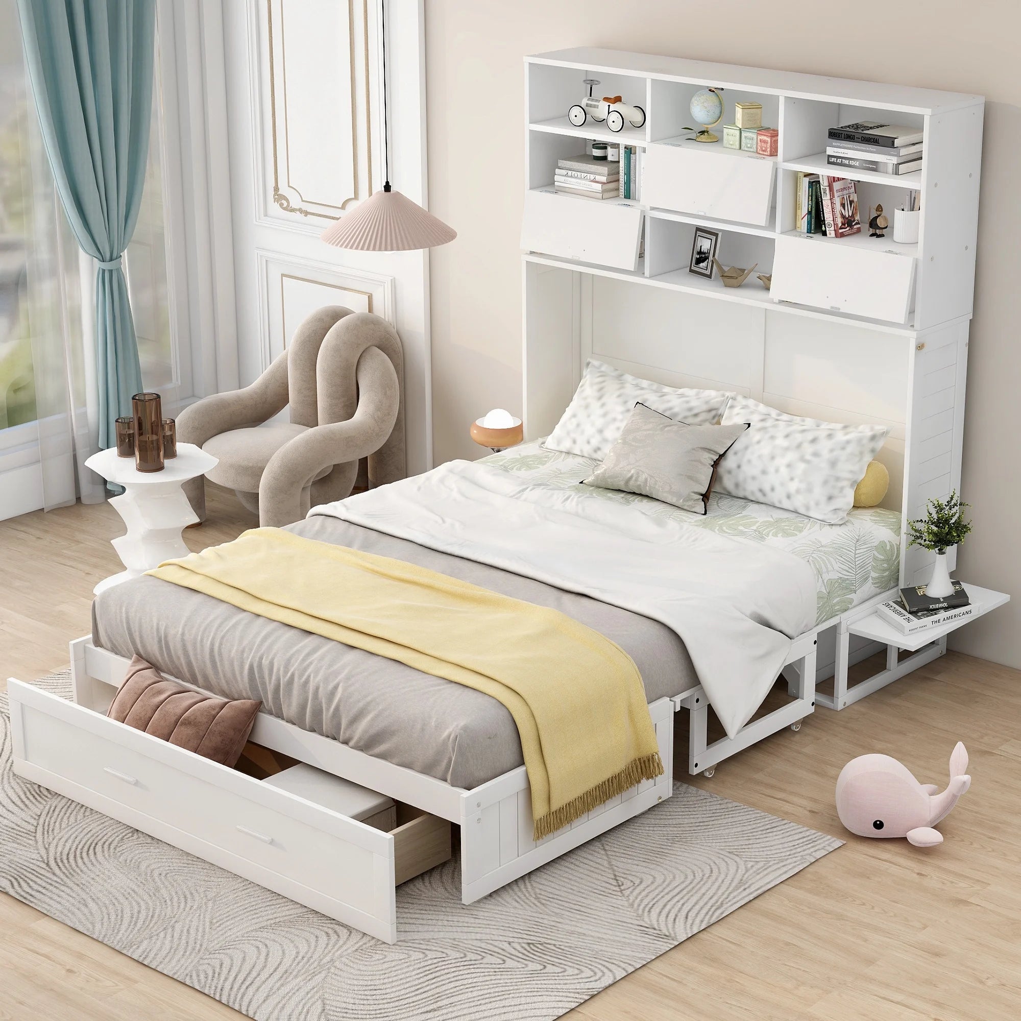 Queen Murphy Bed with Bookcase and Drawer White k7m