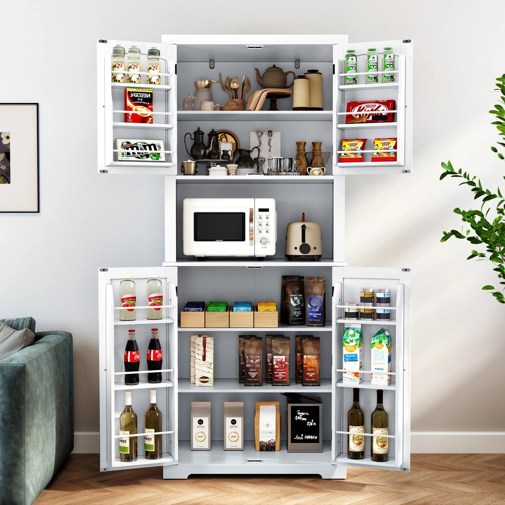 HLR 72" Kitchen Pantry Storage Cabinet, White Kitchen Hutch Cabinet with Microwave Stand, Freestanding Larder Cupboard，Utility Pantry with Doors and Shelves for Dining Room, Living Room, Laundry