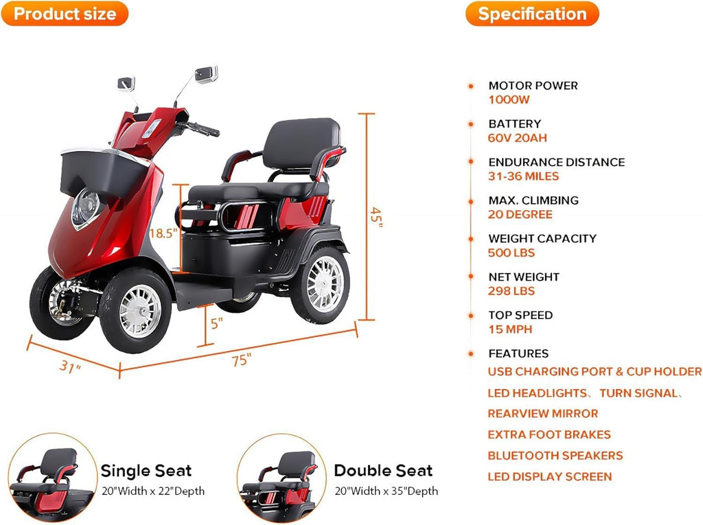 Mobility Scooter 4 Wheel 500lbs Capacity 36-Mile Range Red k7p