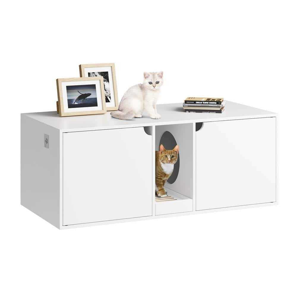 FUFU&amp;GAGA White Wood Side End Table Cat Litter Box with Double Room - Pet Supplies online store