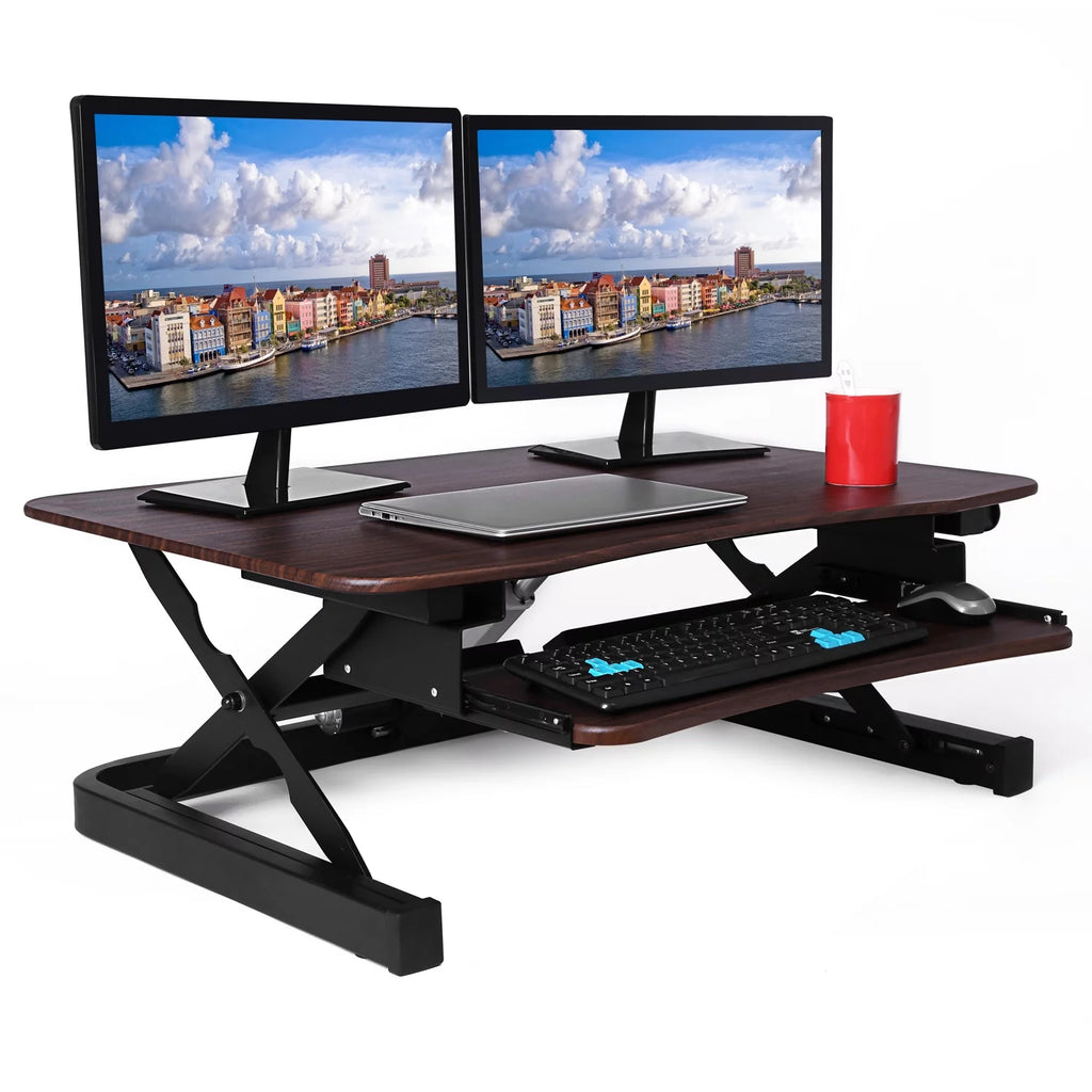 ApexDesk ZT Series Height Adjustable Sit to Stand Electric Desk Converter, 2-Tier Design with Large 36x24" Upper Work Surface and Lower Keyboard Tray Deck (Walnut)