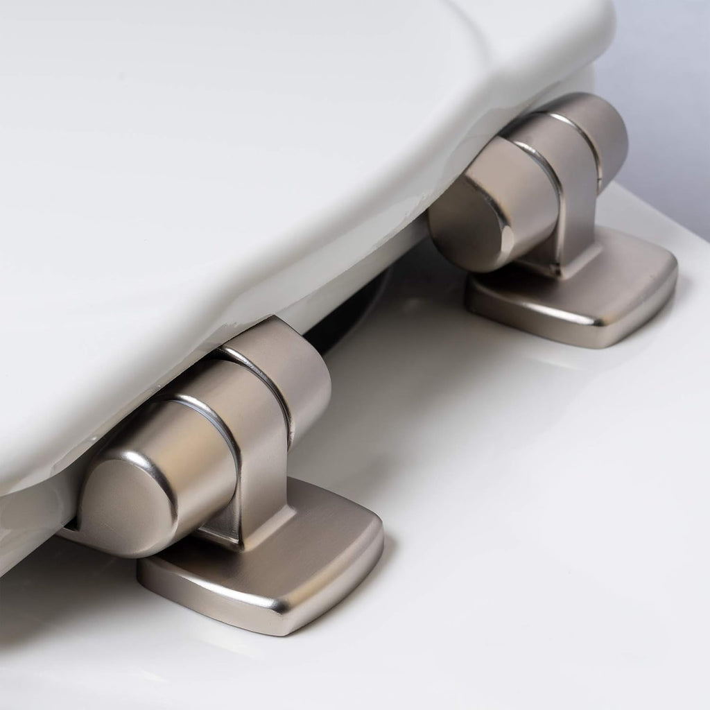 Toilet Seat with Brushed Nickel Hinges Slow Close Elongated Biscuit Linen k7