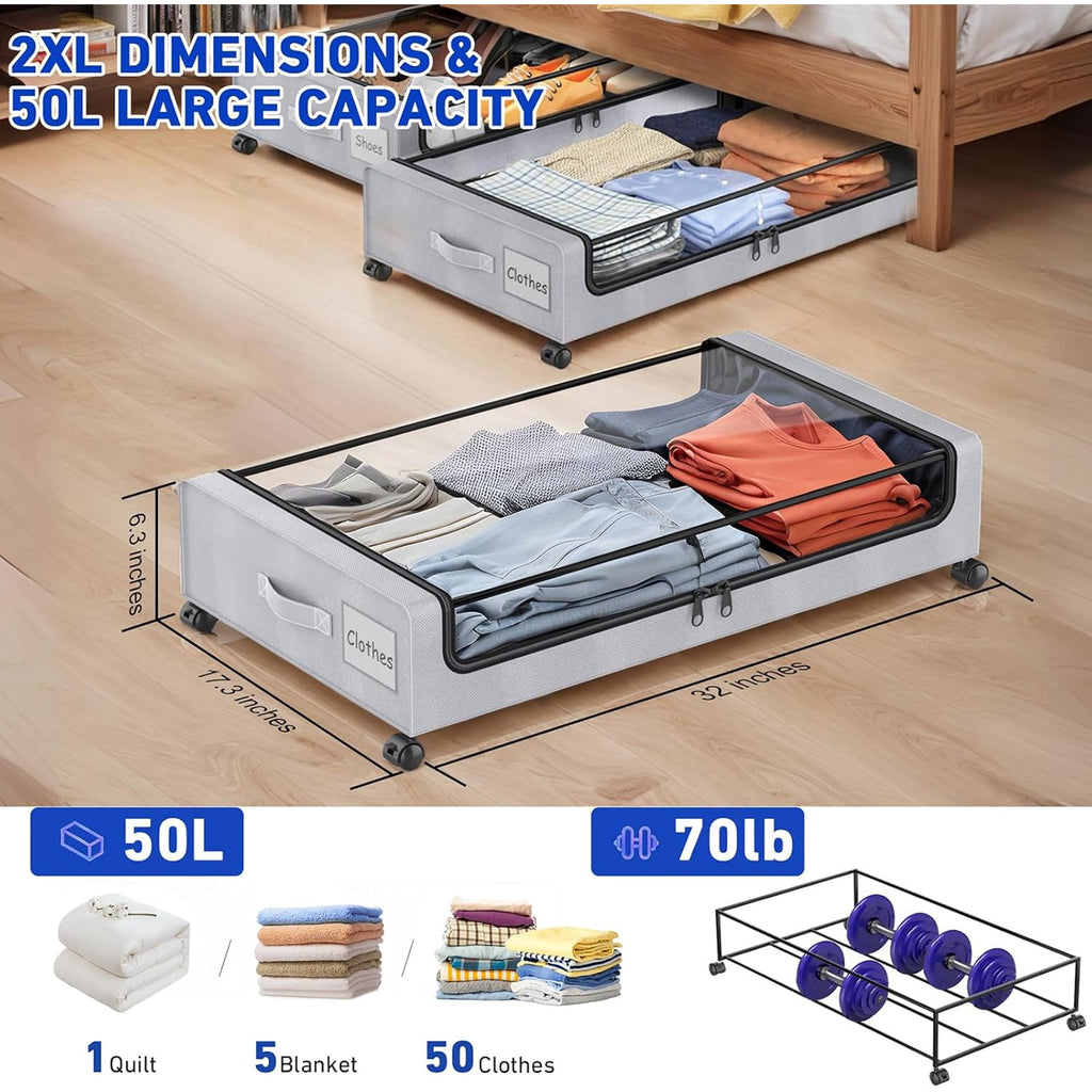 Under Bed Storage Containers with Wheels and Clear Lids, 4-Pack Gray k7