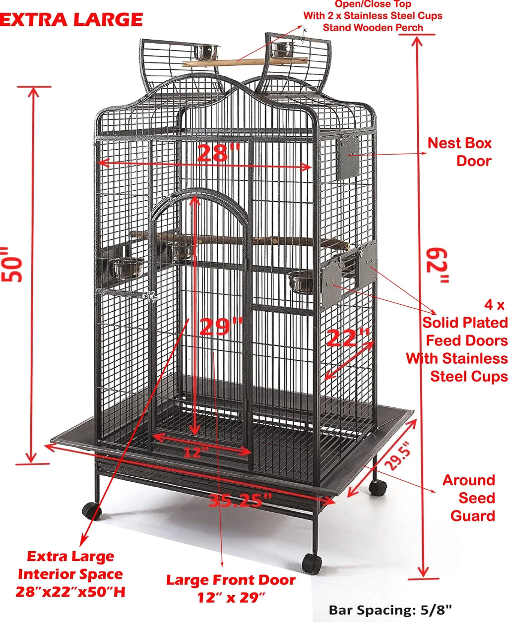 Large Wrought Iron Bird Cage Stand with Rolling Wheels q7