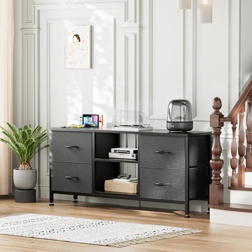 TV Stand with 4 Fabric Drawers for 50 Inch TV, Power Outlet, Black Wood Veins k7