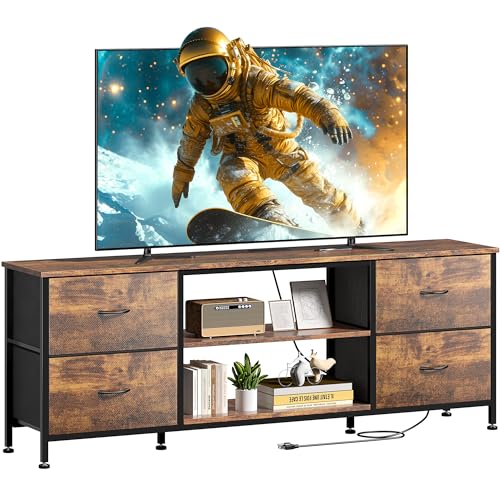 TV Stand with 4 Fabric Drawers for 50 Inch TV, Power Outlet, Black Wood Veins k7
