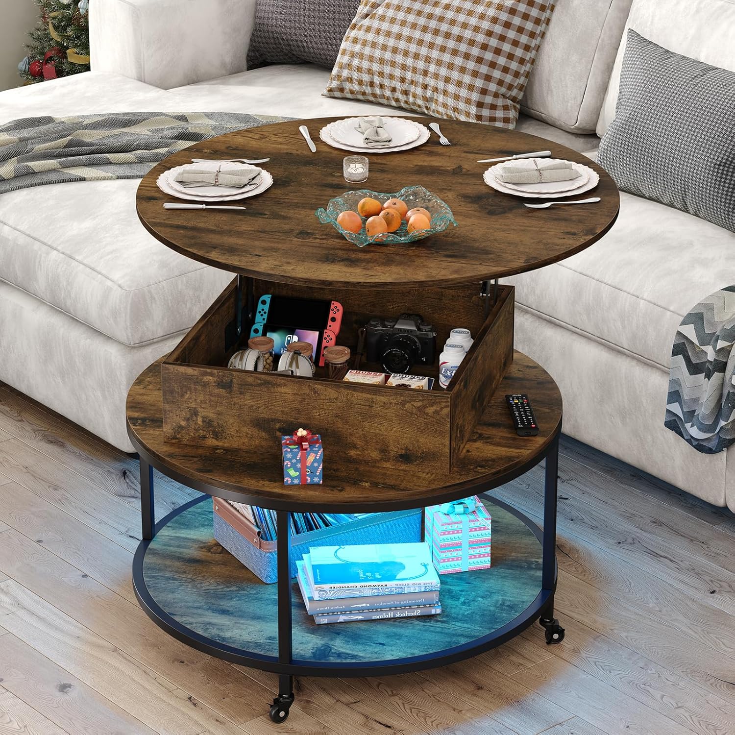 Rustic Brown Round Lift Top Coffee Table with Storage and Wheels a7