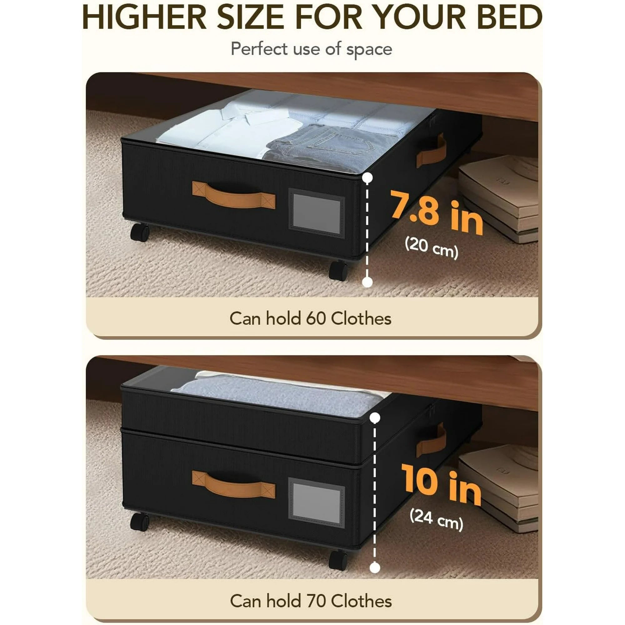 Under Bed Storage with Wheels, Adjustable Height Containers, 10 inches, Black a7