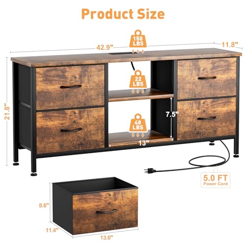 TV Stand with 4 Fabric Drawers for 50 Inch TV, Power Outlet, Black Wood Veins k7