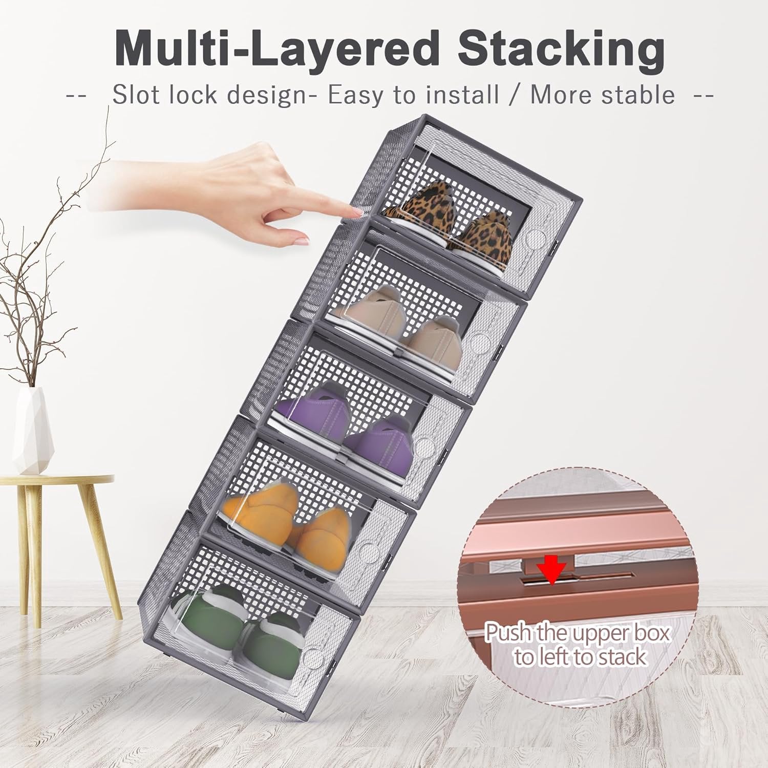 Clear Plastic Stackable Shoe Storage Bins with Lids, 12 Pack, Dark Gray k7