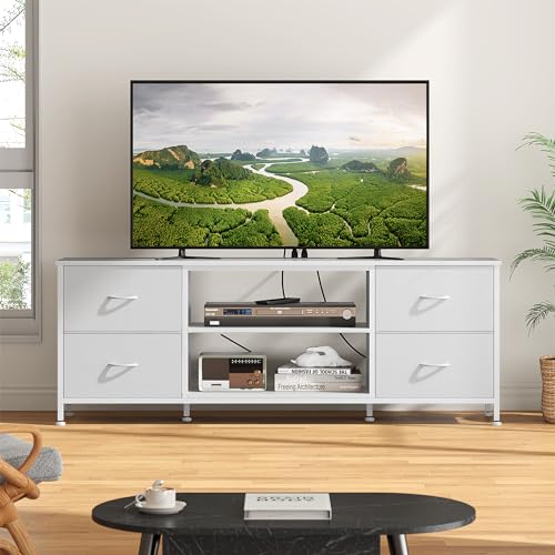 TV Stand with 4 Fabric Drawers for 50 Inch TV, Power Outlet, Black Wood Veins k7
