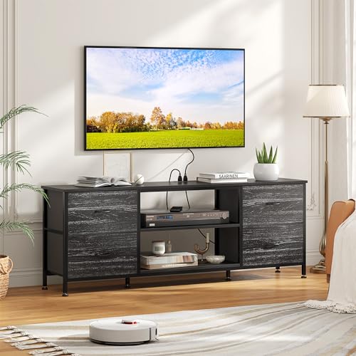 TV Stand with 4 Fabric Drawers for 50 Inch TV, Power Outlet, Black Wood Veins k7