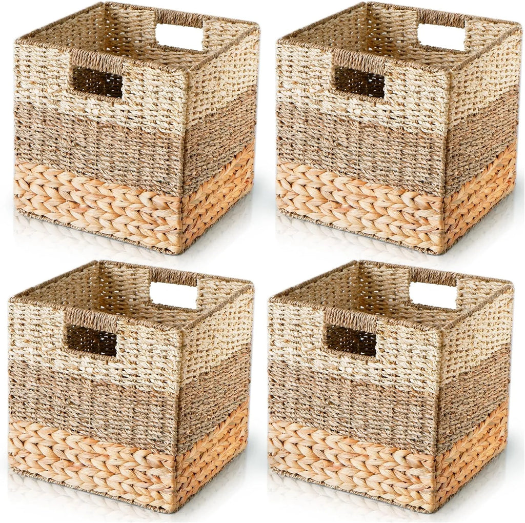LIHONG Natural Wicker Storage Cubes, 12x12 Storage Cube Bins, Set of 4 Heavy Duty Hyacinth Baskets for Shelf, Foldable Square Baskets for Kallax, Large Cubby Rattan Basket, Kallax Inserts